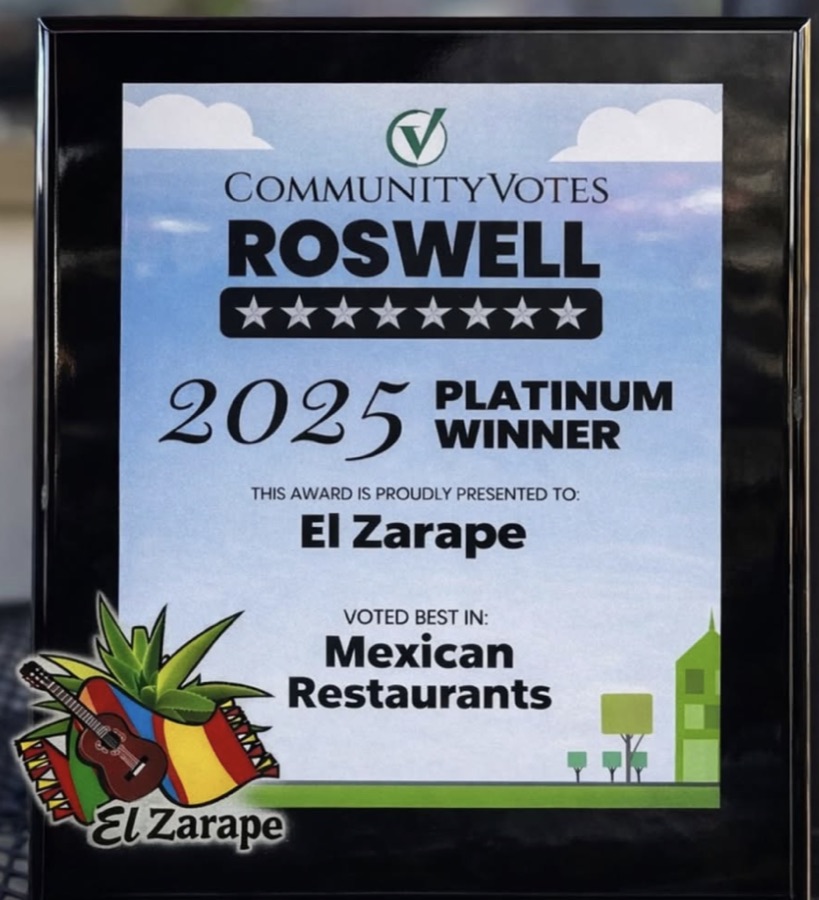 2025 Community Votes Roswell Platinum Winner plaque presented to El Zarape, voted Best in Mexican Restaurants